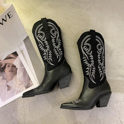 Fashion Embossed Microfiber Leather Women Boots Pointed Toe Western Cowboy Boots Women Knee-High Boots Chunky Wedges eprolo BAD PEOPLE