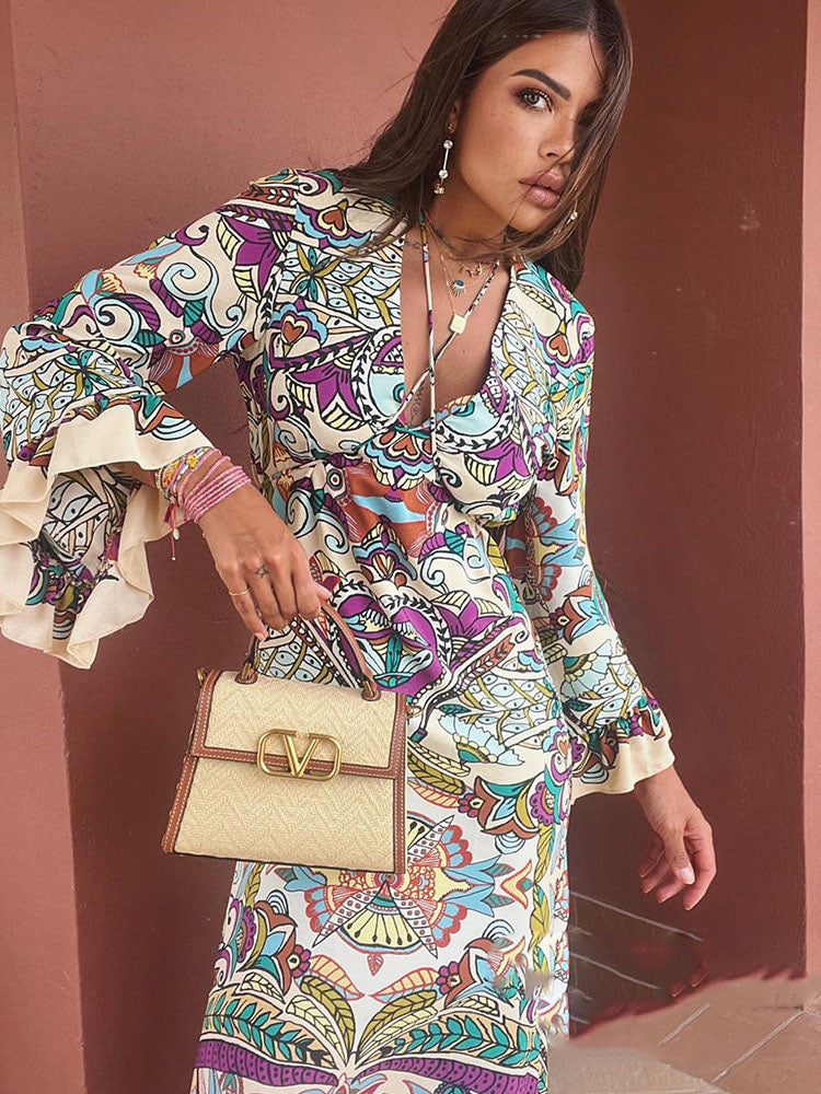 Vintage Flower Print V Neck Loose Long Dress Boho