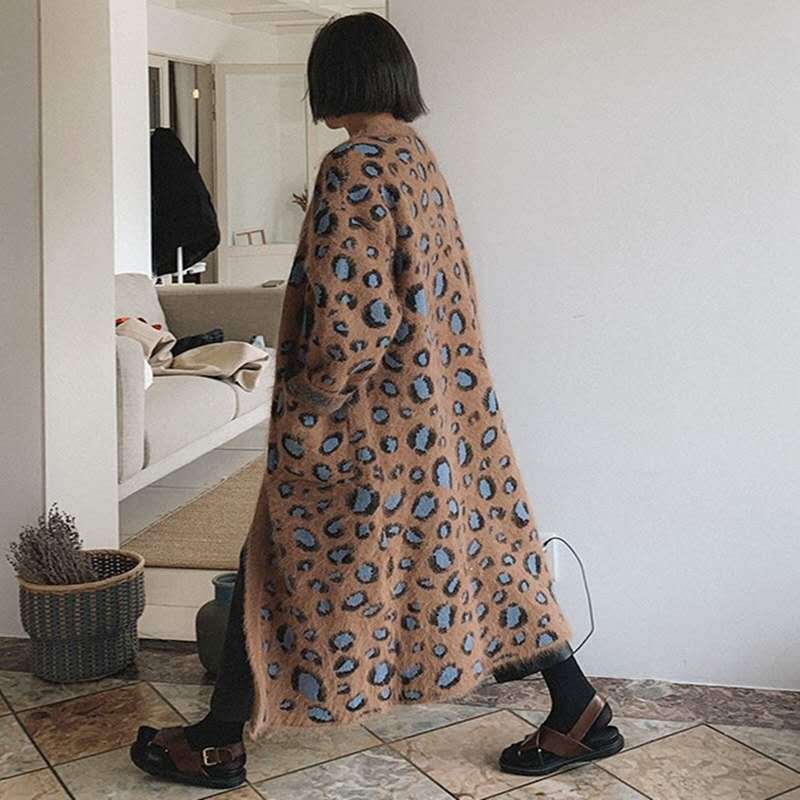Leopard-print Sweater Knee-length Casual V Neck Full Cardigan Coat