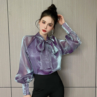 Pearlescent Chiffon Shirt Design Sense Mesh Ribbon Shirt eprolo BAD PEOPLE