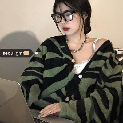 Women Autumn Zebra Mohair Sweater Cardigan eprolo BAD PEOPLE