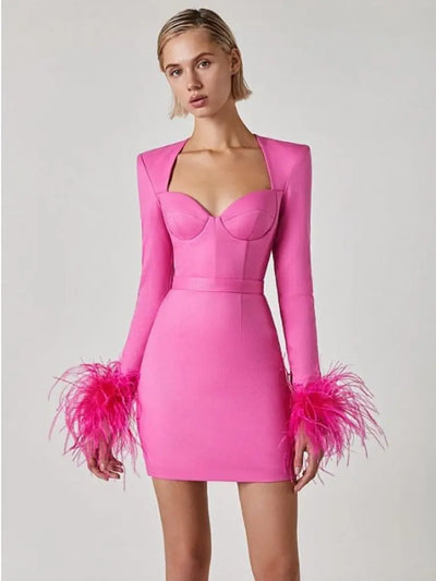 Abito corto scollato con polsino piuma Pink MUST HAVE
