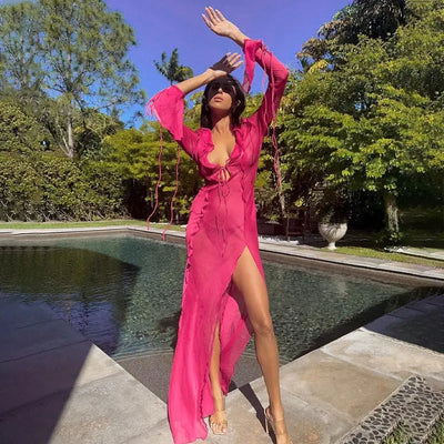 Abito mesh ruffle donna scollato lungo Pink MUST HAVE