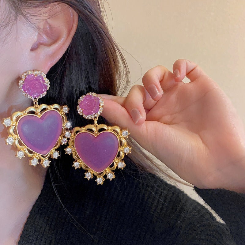 Rhinestone Resin Flower Heart Earrings