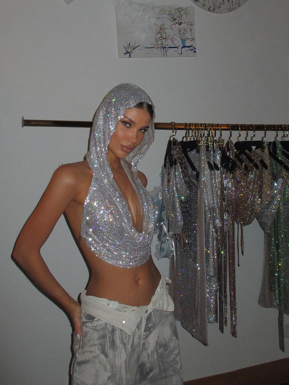 Rhinestone Fishnet Hollow Out Crop Top