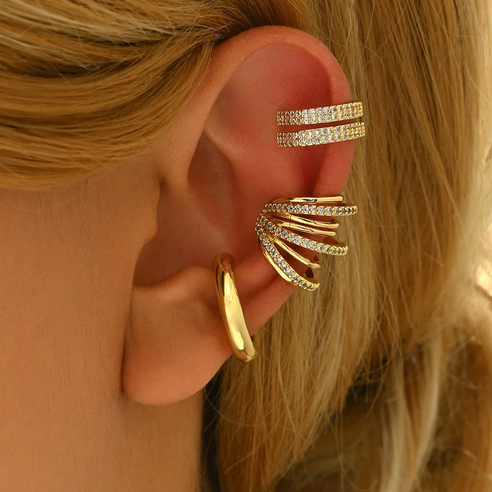 3pcs Gold Color Zircon Ear Clip Earrings Set