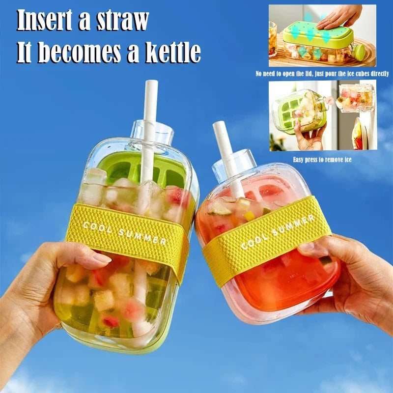2 in 1 Touch-Free Ice Cube Making Bottle with Lid Straw and Bin Easy Ice