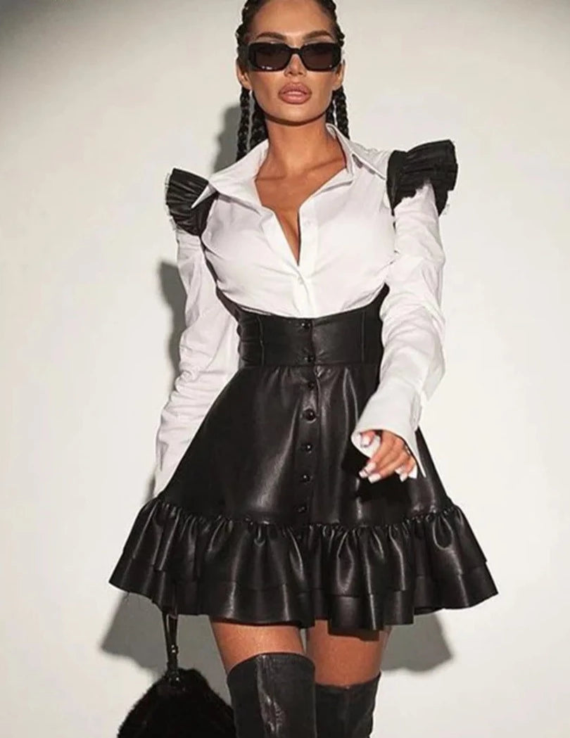 Completo due pezzi camicia e abito ecopelle donna