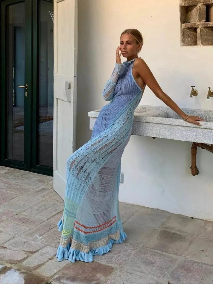 Long Sleeve Bikini Cover-Ups Long Knitted Dress