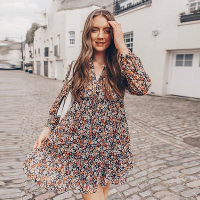 bohemian print long-sleeved dress ladies pleated dress MUST HAVE